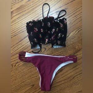 Xhilaration Black Floral Bikini Top with Maroon Bottoms